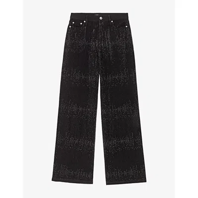 Maje Womens Black Rhinestone Wide-leg Stretch-denim Jeans