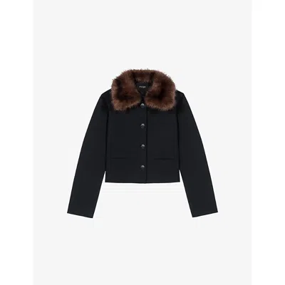Maje Womens Black Short Removable-collar Stretch Wool-blend Jacket