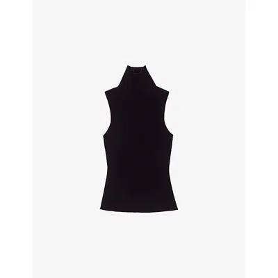 Maje Womens Black Sleeveless High-neck Wool And Silk-blend Top
