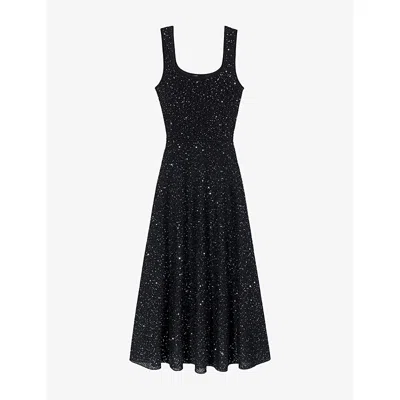 Maje Womens Black Square-neck Rhinestone-embellished Knitted Maxi Dress