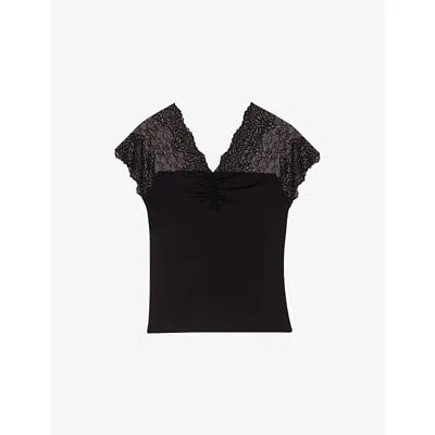 Maje Womens Black V-neck Lace-trim Stretch-jersey Top