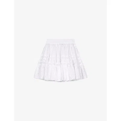 MAJE WOMENS BLANC BRODERIE-ANGLAISE RUFFLED-HEM COTTON MINI SKIRT