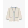 Maje Long Cardigan With Denim Details In Blanc
