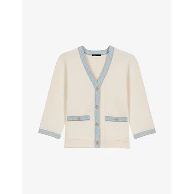 MAJE WOMENS BLANC BUTTON-EMBELLISHED CONTRAST-TRIM STRETCH-COTTON AND DENIM CARDIGAN
