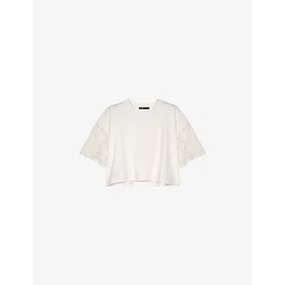 MAJE WOMENS BLANC CROCHET-SLEEVE ROUND-NECK COTTON T-SHIRT