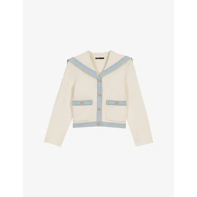 Maje Womens Blanc Denim-trim Button-down Cotton-blend Cardigan