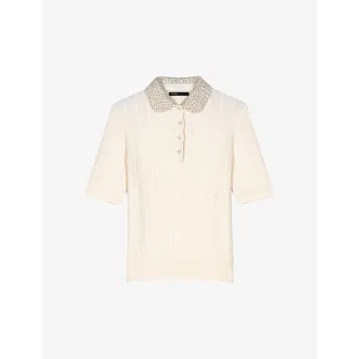 Maje Womens Embellished-collar Ribbed Wool And Cashmere Polo Shirt Blanc