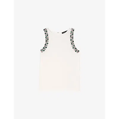 Maje Womens Blanc Jewel-embellished Sleeveless Cotton T-shirt