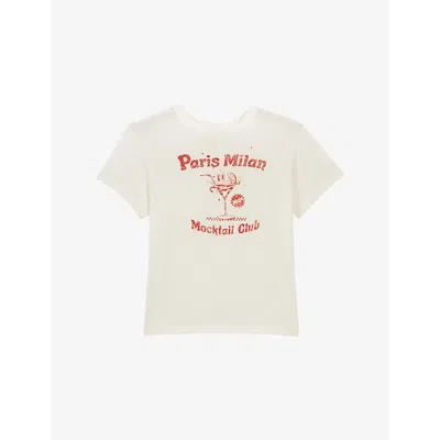 MAJE WOMENS PARIS MILAN TEXT-PRINT COTTON-JERSEY T-SHIRT BLANC