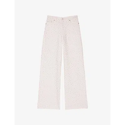 Maje Womens  Rhinestone-embellished Flared-leg High-rise Stretch-denim Jeans In Blanc