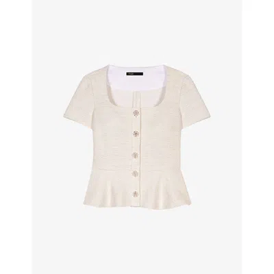 Maje Womens Short-sleeve Peplum Tweed Top Blanc