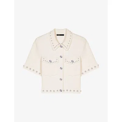 Maje Womens Blanc Short-sleeved Stud-embellished Knitted Shirt