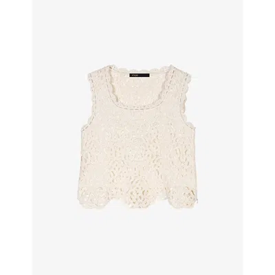 Maje Womens Sleeveless Cropped Open-knit Crochet Cotton Top Blanc In Ecru