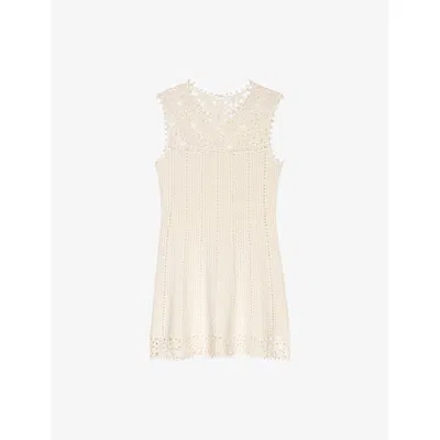 Maje Womens Blanc Sleeveless Floral-pattern Crochet-knit Mini Dress