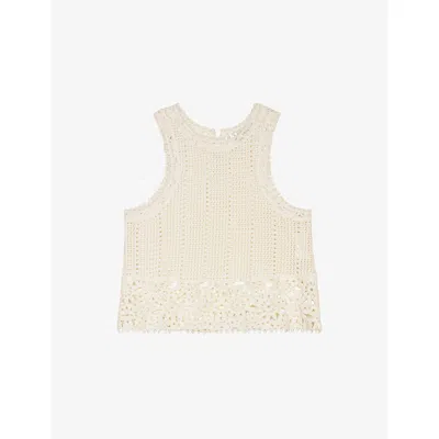 Maje Womens Blanc Sleeveless Floral-pattern Crochet-knit Top