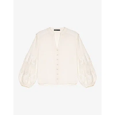 Maje Womens Blanc V-neck Lace-insert Linen Blouse