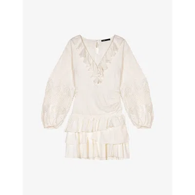 MAJE WOMENS BLANC V-NECK LACE-INSERT WOVEN MINI DRESS