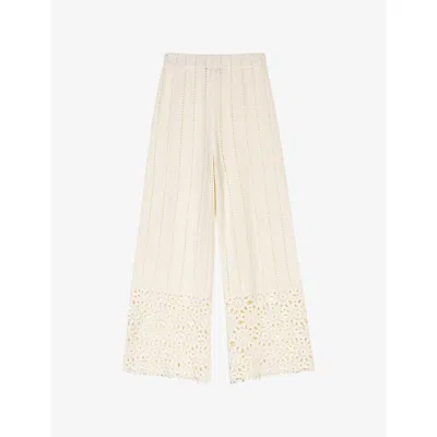 Maje Womens Blanc Wide-leg Floral-pattern Crochet-knit Trousers