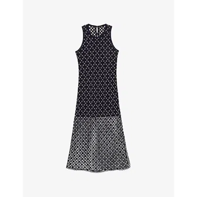 Maje Womens  Bead-embellished Crochet-overlay Woven Midi Dress In Bleus