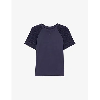 Maje Womens Branded Tweed-sleeved Cotton-jersey T-shirt Bleus