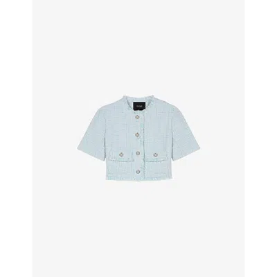 Maje Womens  Button-down Frayed-trim Cotton-blend Blazer In Bleus