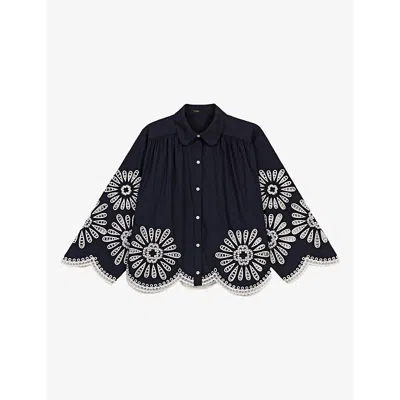 MAJE WOMENS BLEUS CROCHET-DETAIL CROPPED COTTON SHIRT