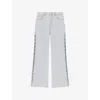 Maje Womens  Crystal-embellished Cut-out Wide-leg Mid-rise Stretch-denim Jeans In Bleus