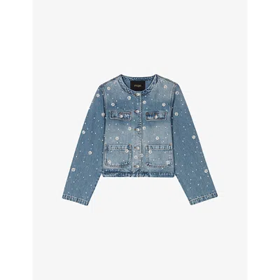 MAJE WOMENS BLEUS EMBELLISHED FADED-WASH DENIM JACKET