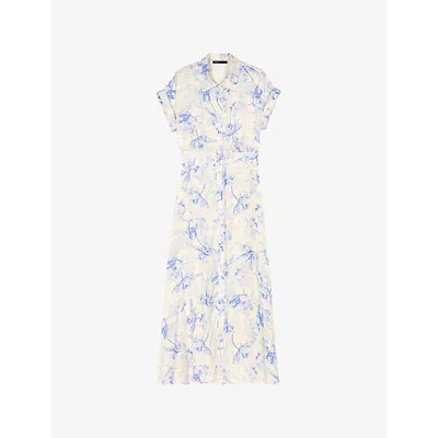 Maje Womens Floral-print Short-sleeve Woven Midi Dress Bleus