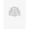 Maje Womens Floral-print Tie-up Linen-blend Blouse Bleus In Bleus