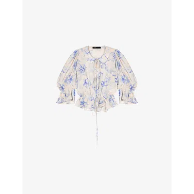 Maje Womens Floral-print Tie-up Linen-blend Blouse Bleus