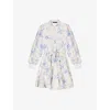Maje Womens Floral-print Tie-waist Linen-blend Mini Dress Bleus In Bleus