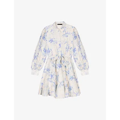 Maje Womens Floral-print Tie-waist Linen-blend Mini Dress Bleus