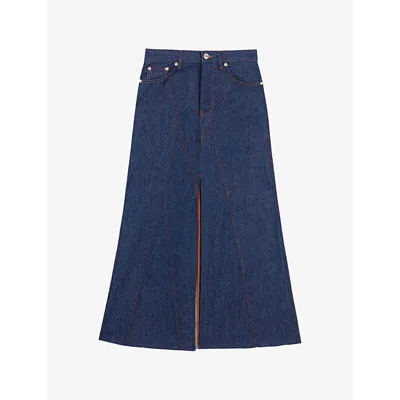 MAJE WOMENS GEOMETRIC-PANELLED CONTRAST-STITCH DENIM MAXI SKIRT BLEUS