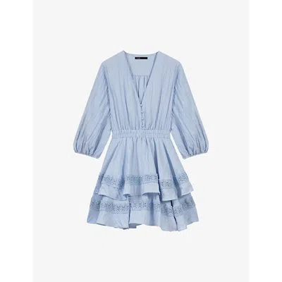 MAJE WOMENS LACE-TRIM TIERED WOVEN MINI DRESS BLEUS