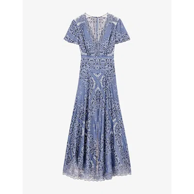 MAJE WOMENS PAISLEY-PRINT MESH-TRIM WOVEN MAXI DRESS BLEUS