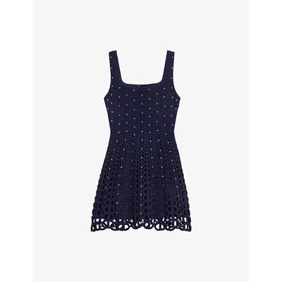 MAJE WOMENS BLEUS RHINESTONE-EMBELLISHED SQUARE-NECK CROCHET MINI DRESS