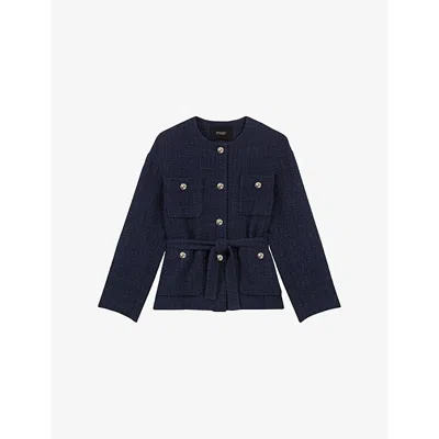 Maje Womens  Round-neck Regular-fit Tweed Jacket In Bleus
