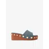Maje Denim Studded Wedge Mules In Neutral