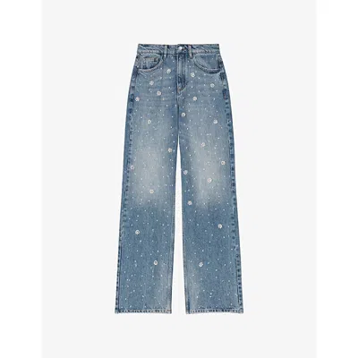 Maje Womens Blue Bead-embroidered Wide-leg Jeans