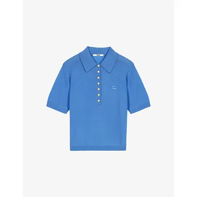 Maje Womens  Brand-embroidered Short-sleeve Wool Polo Jumper In Blue