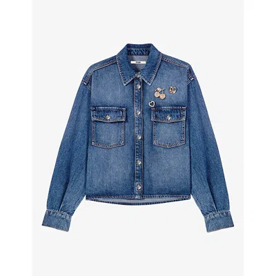 Maje Womens Blue Brooch-embellished Regular-fit Denim Jacket