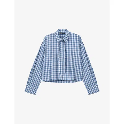 Maje Womens Blue Check Print Checked Rhinestone-embellished Cotton Shirt