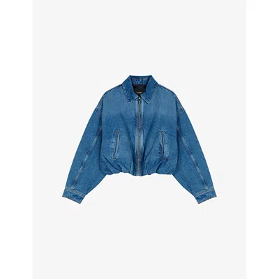 MAJE WOMENS BLUE COLLARED ELASTICATED-HEM DENIM BOMBER JACKET