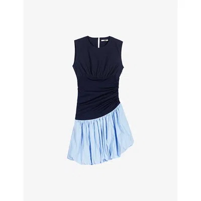 Maje Womens Contrast-panel Pleated Stretch-jersey Mini Dress Blue In Multi