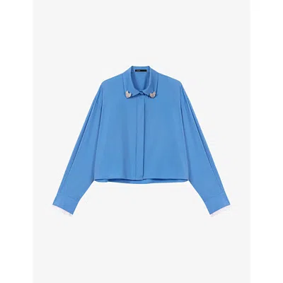 Maje Womens Blue Cropped Diamanté-embellished Stretch-cotton Shirt
