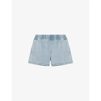 Maje Womens Blue Floral-embellished Elasticated-waist Denim Shorts