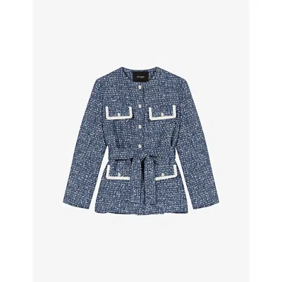 Maje Womens Blue Four-pocket Belted Tweed Jacket