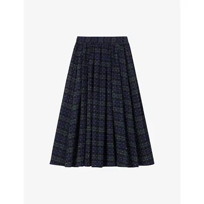 MAJE WOMENS BLUE / GREEN RHINESTONE-EMBELLISHED CHECKED COTTON MIDI SKIRT