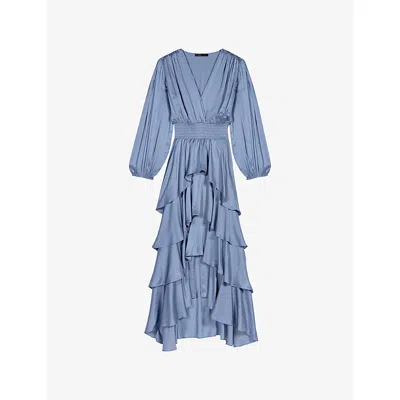 Maje Womens Blue / Grey V-neck Ruffled Woven Maxi Dress